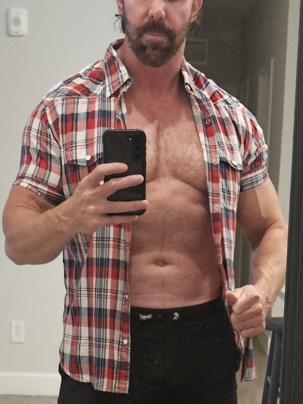 Express Red and Blue Plaid Short Sleeve Button-Down